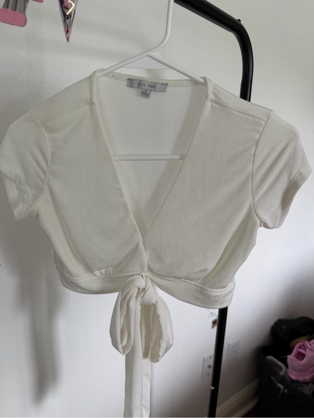 Love Tree Cream Tie-Front Short Sleeve Crop Top